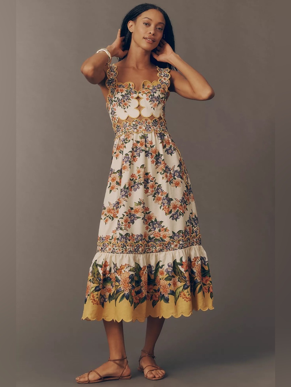 FARM Rio Cream Midi Dress with Yellow Floral Scallop Trim
